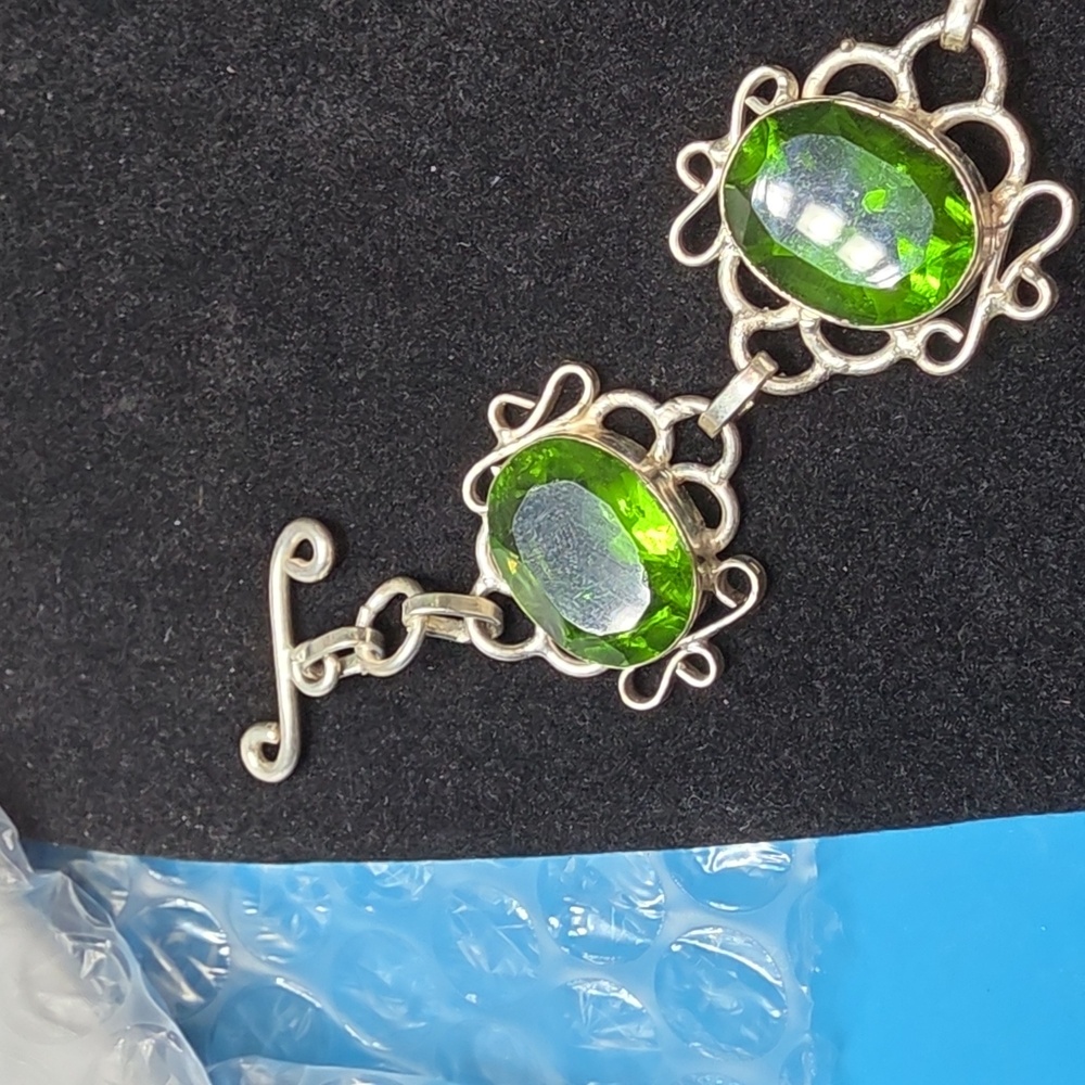 Vintage Silver Stamped 925 Bracelet with Green and Blue Gem Accents - Picture 2 of 4